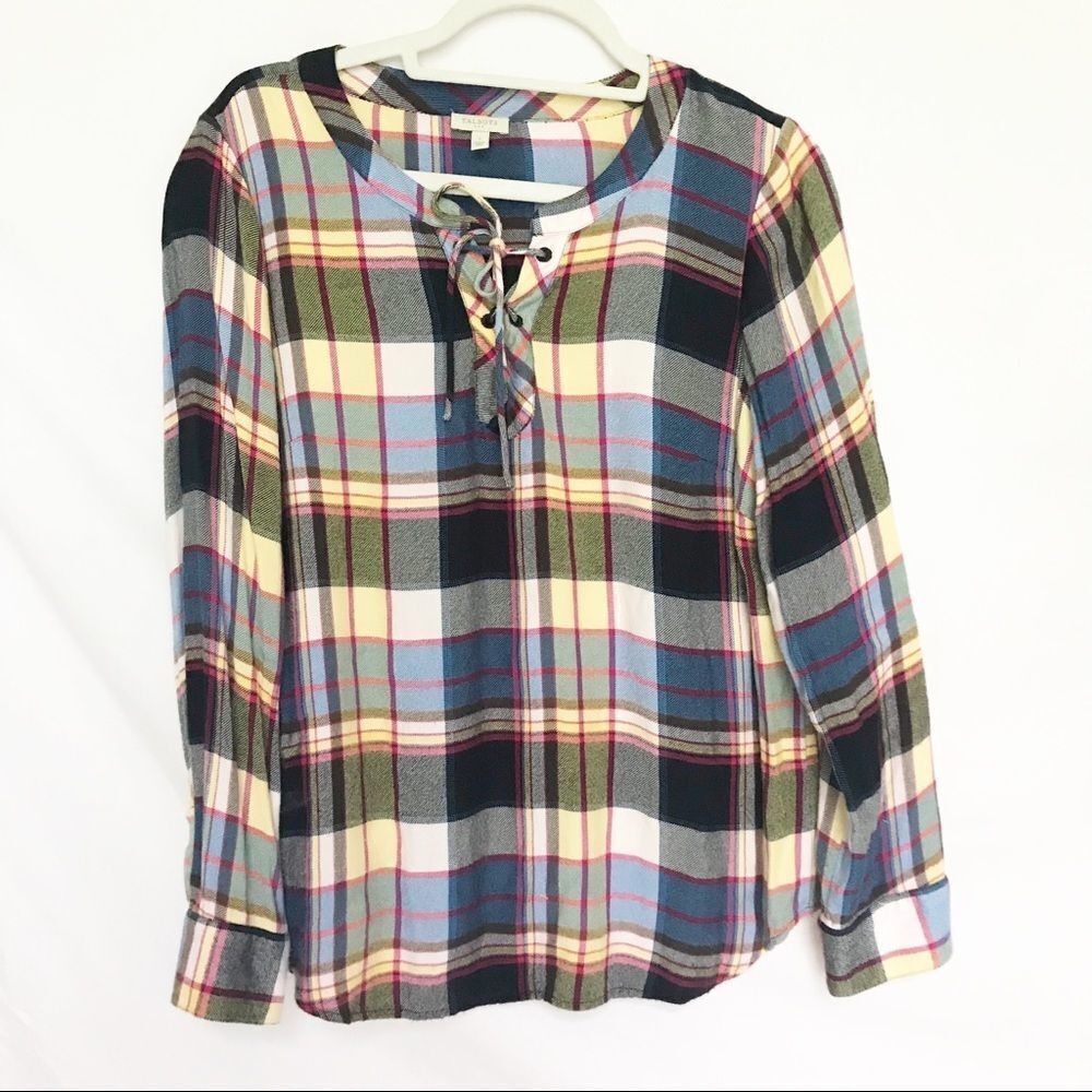 Talbots light plaid top with tie front detail